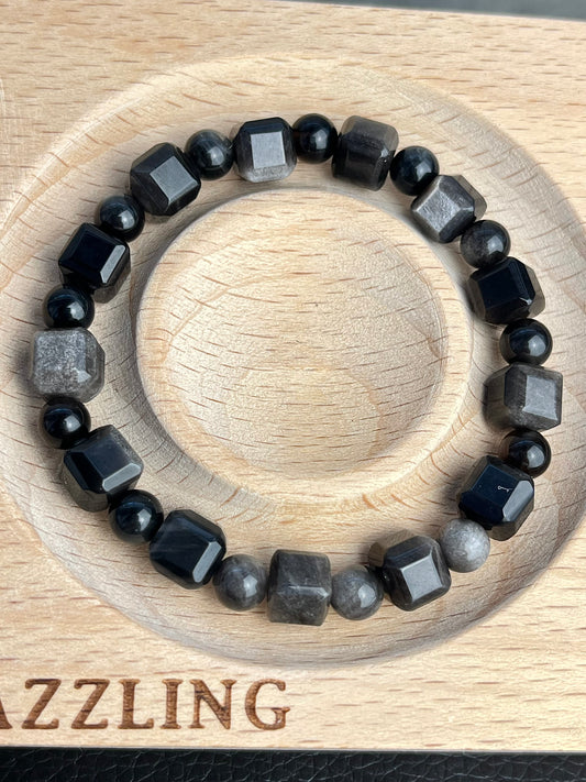 Sølv Obsidian armbånd 9mm+
