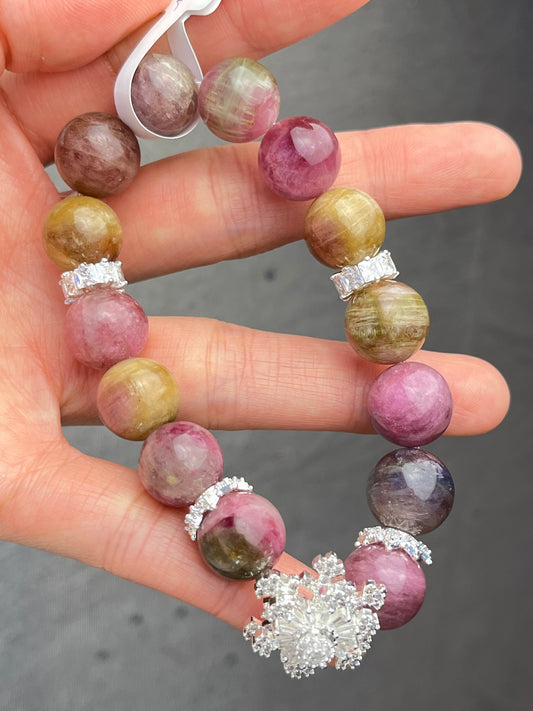 Vannmelon Turmalin- Håndlaget armbånd,12mm+