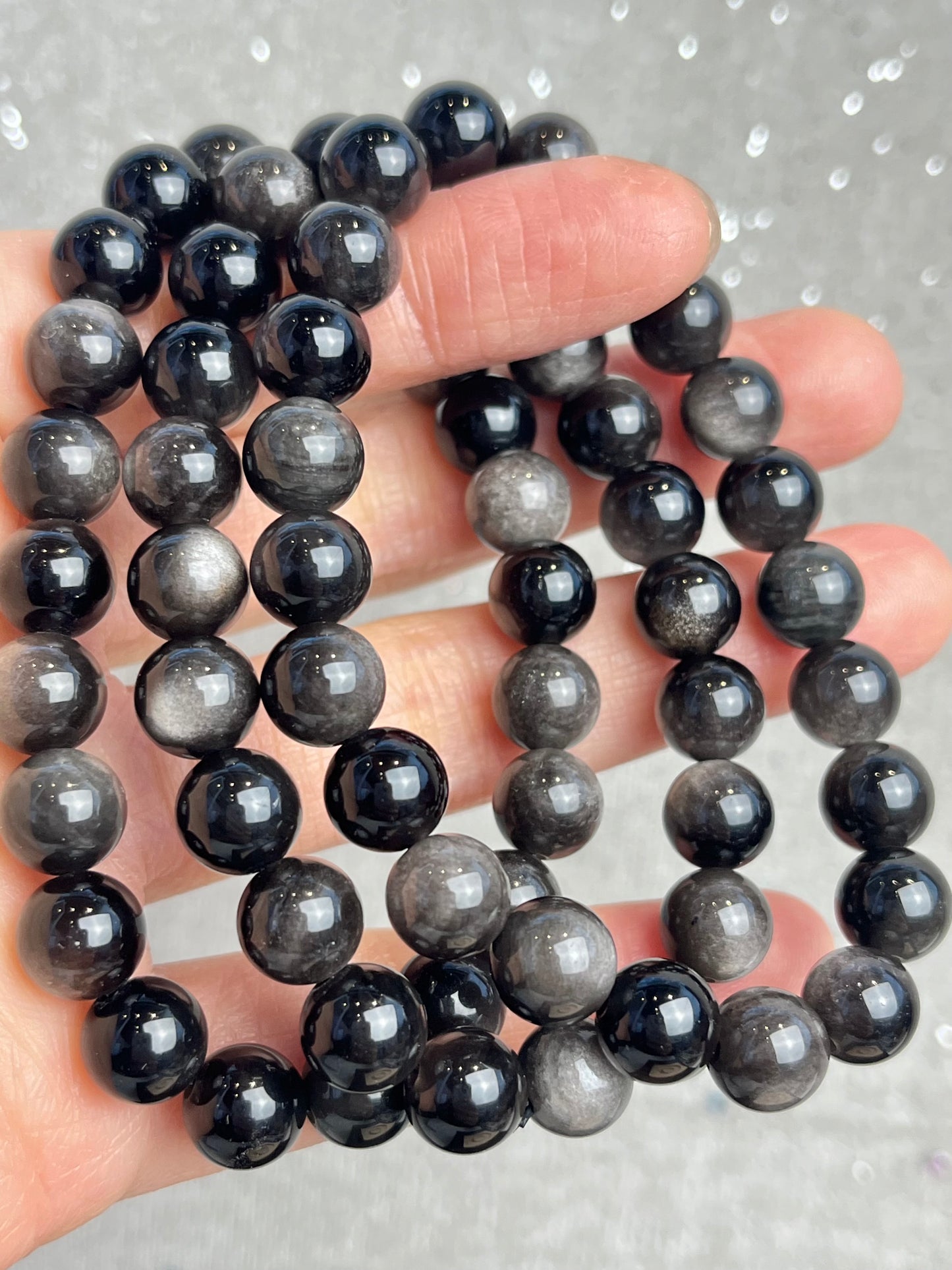 Sølv Obsidian armbånd 8mm+