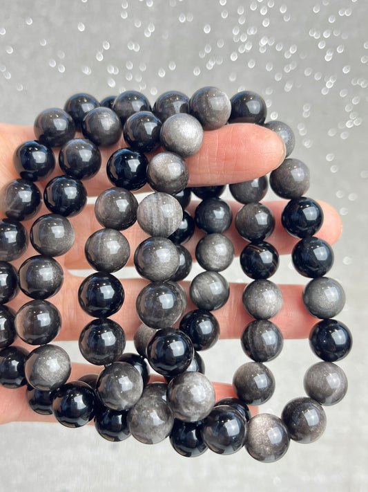 Sølv Obsidian armbånd 10mm+
