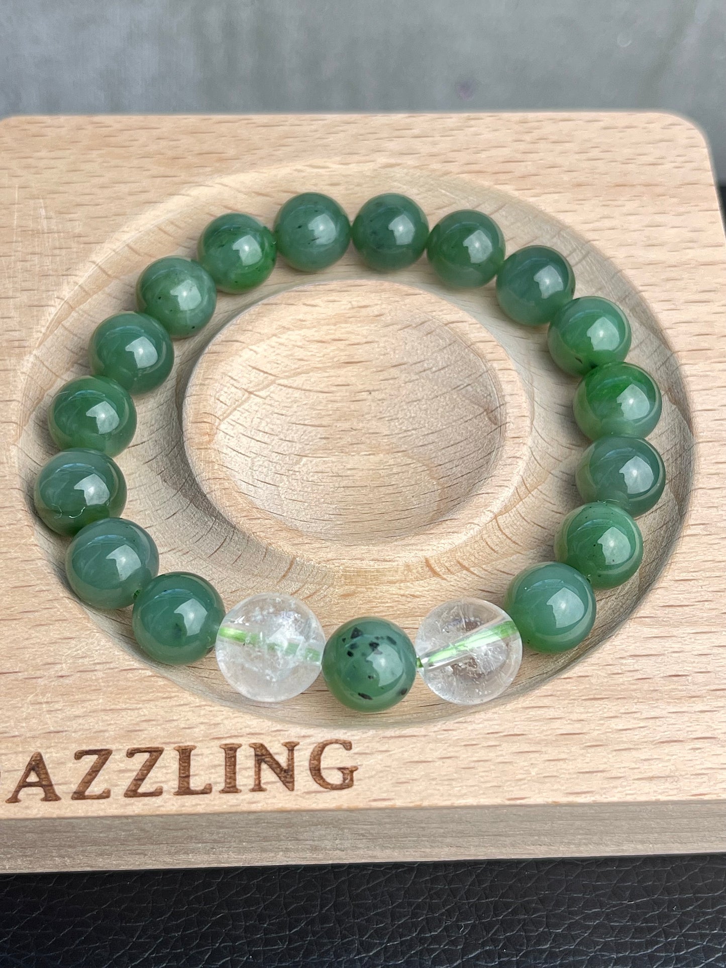 Jade, Nephrite and Clear Quartz Bracelet 10-11mm+