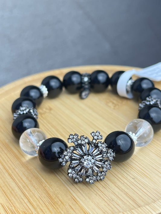 Obsidian+Bergkrystall- Håndlaget armbånd,11-12mm+