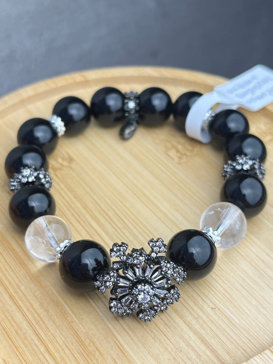 Obsidian+Bergkrystall- Håndlaget armbånd,11-12mm+