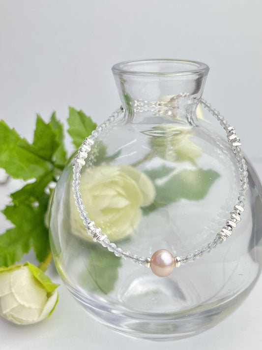 Akvamarin og perler- Håndlaget armbånd med karabinlås