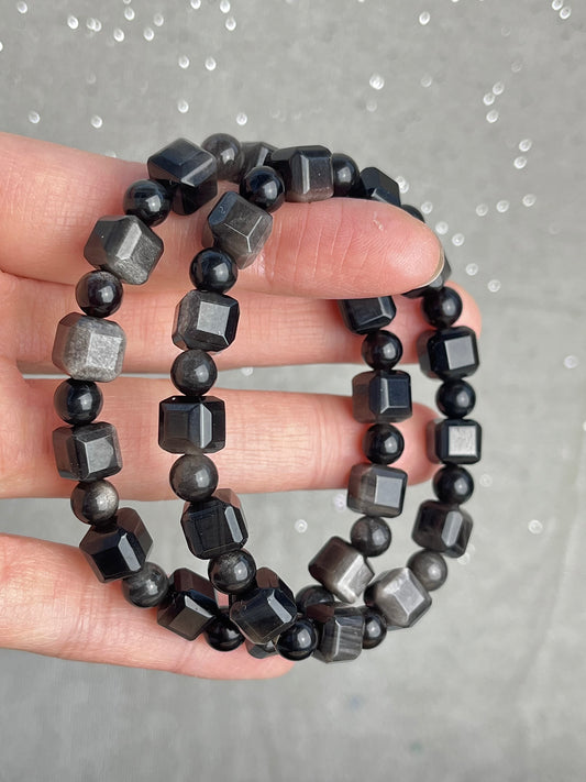 Sølv Obsidian armbånd 9mm+