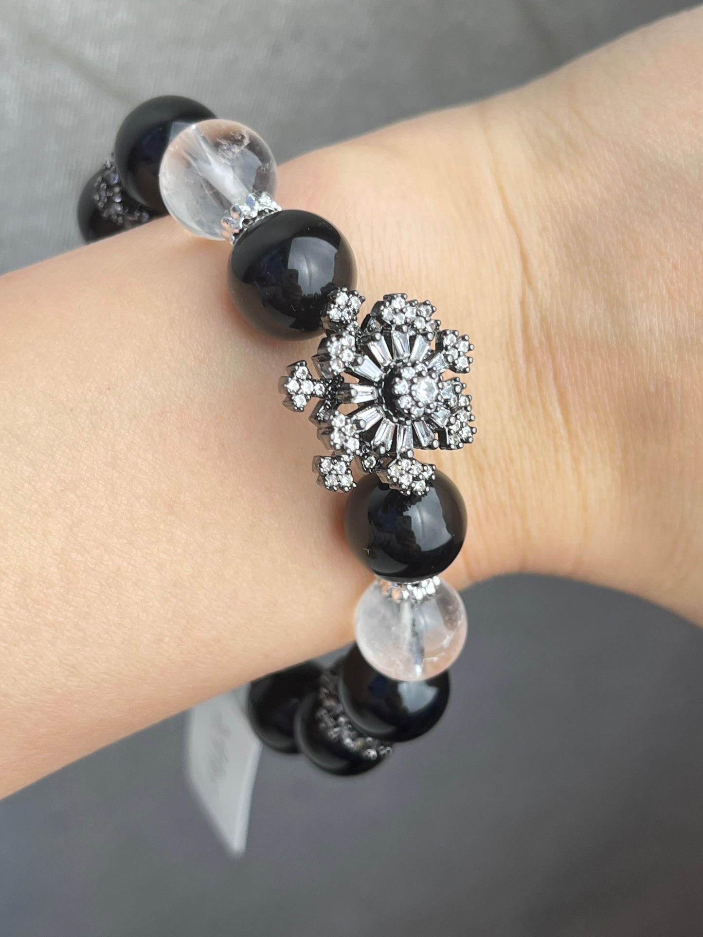 Obsidian+Bergkrystall- Håndlaget armbånd,11-12mm+