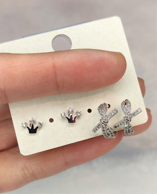 4-delers sett med krone og sløyfeøredobber