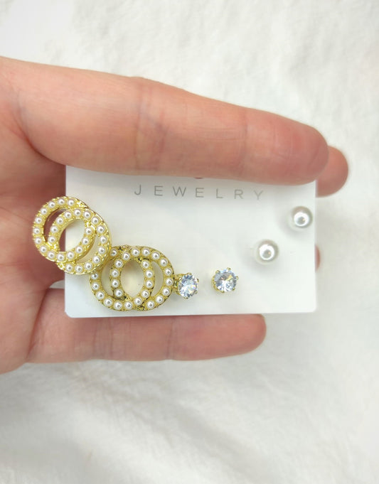 6-delers dobbeltsirkel øredobber med perler og zirkonia