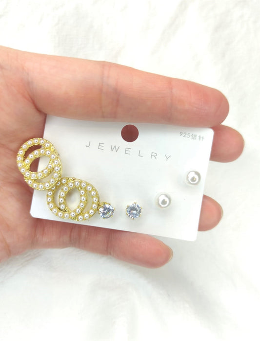 6-delers dobbeltsirkel øredobber med perler og zirkonia