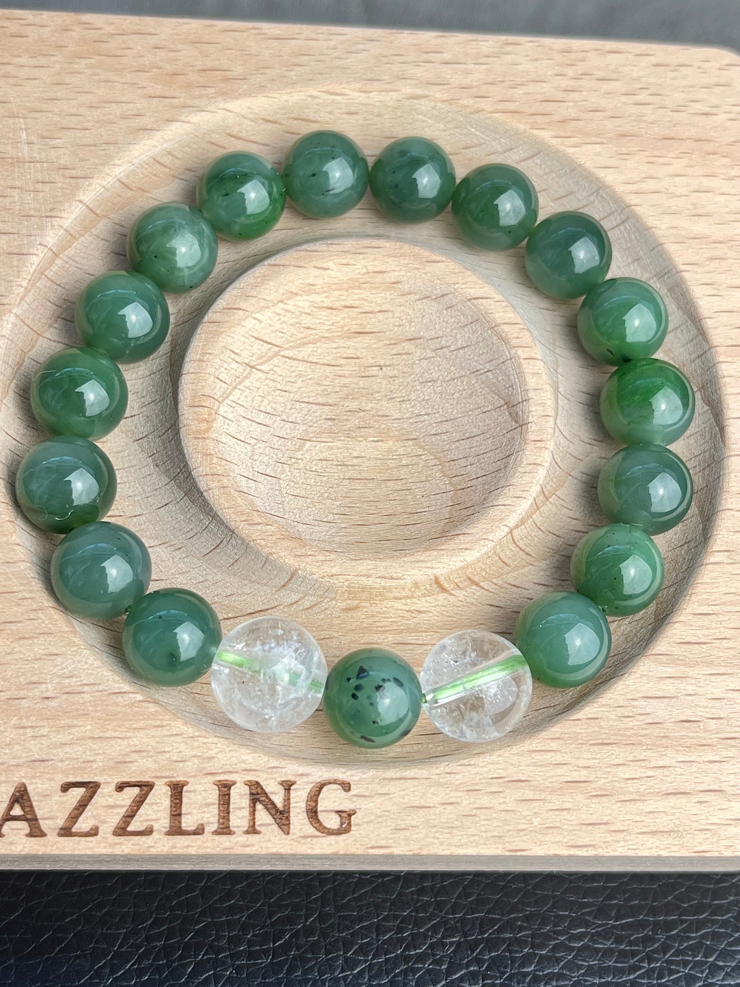 Jade, Nephrite and Clear Quartz Bracelet 10-11mm+