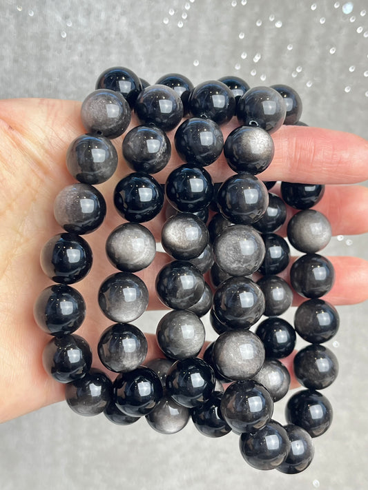Sølv Obsidian armbånd 11-12mm+