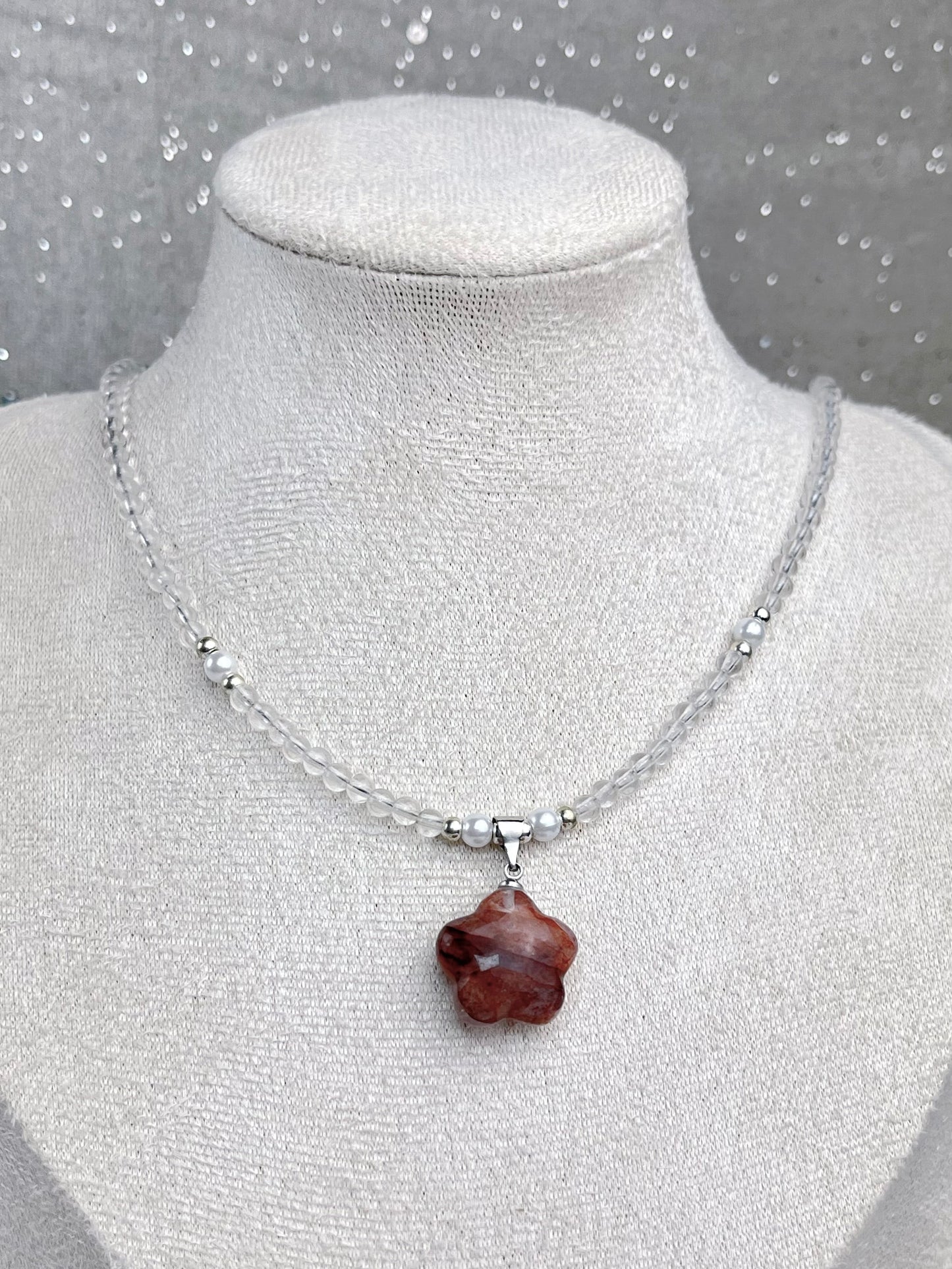 Flammekvarts og klar kvarts Halskjede