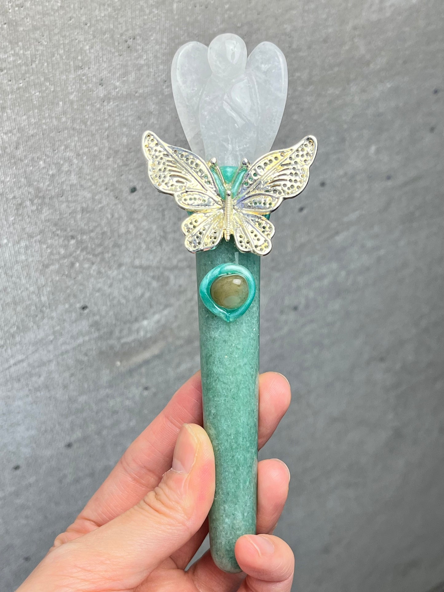 Krystall tryllestav, Klarkvarts+Grønn Aventurin