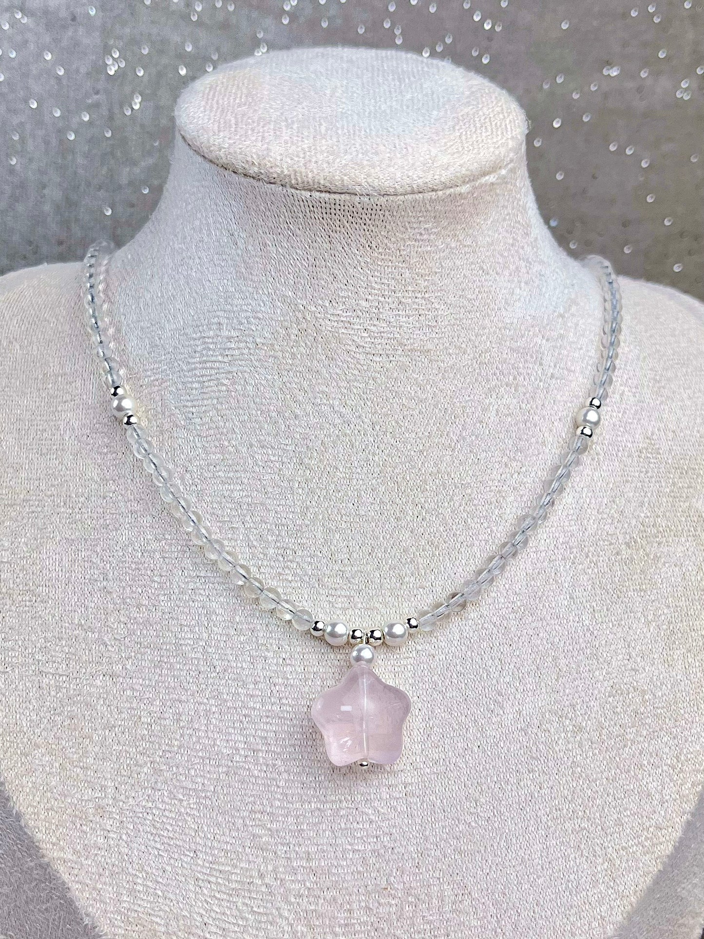 Rosenkvarts og klar kvarts Halskjede