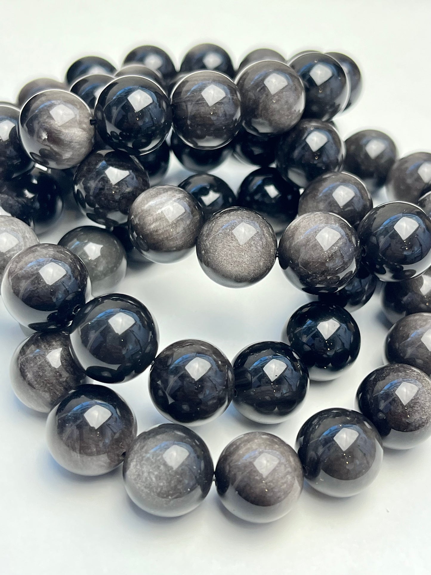 Sølv Obsidian armbånd 13-14mm+