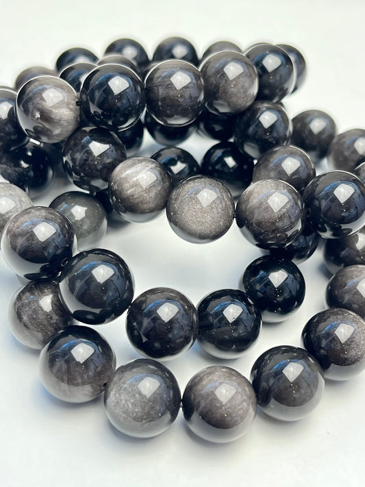 Sølv Obsidian armbånd 13-14mm+