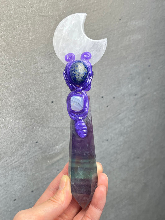 Krystall tryllestav, Klarkvarts+Fluoritt