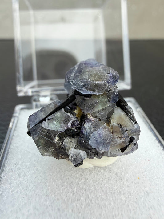 Black tourmaline with fluorite in box, Namibia