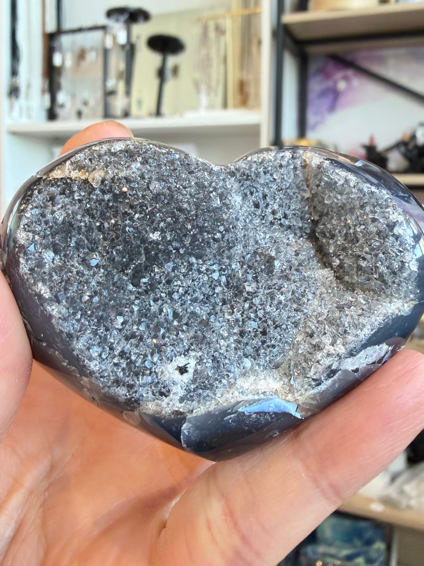 Druzy Quartz Heart, Grey/Black