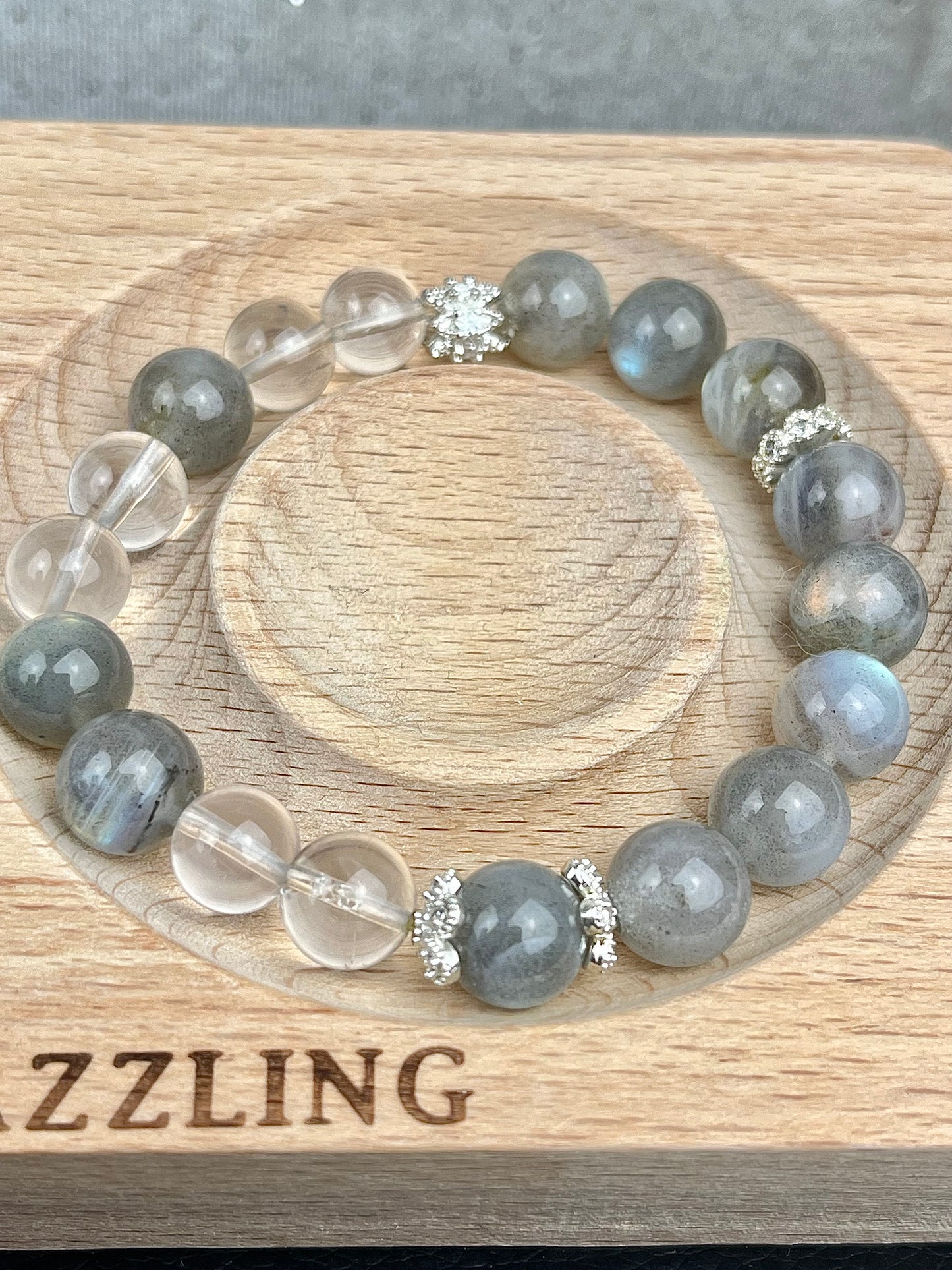 Klar kvarts og Labradoritt - Håndlaget armbånd