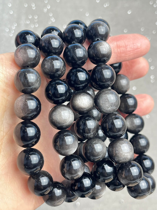 Sølv Obsidian armbånd 11-12mm+