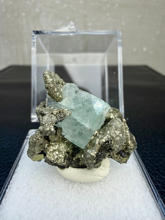 Pyrite with fluorite (with box), China