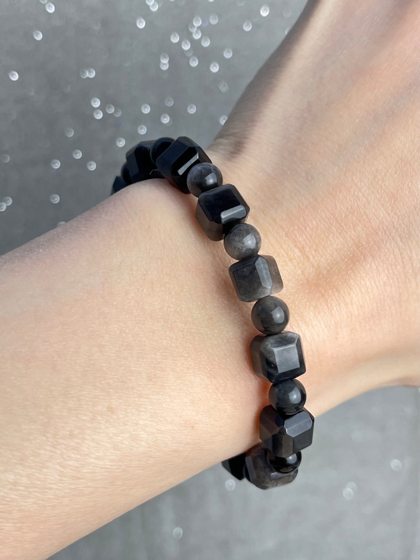 Sølv Obsidian armbånd 9mm+