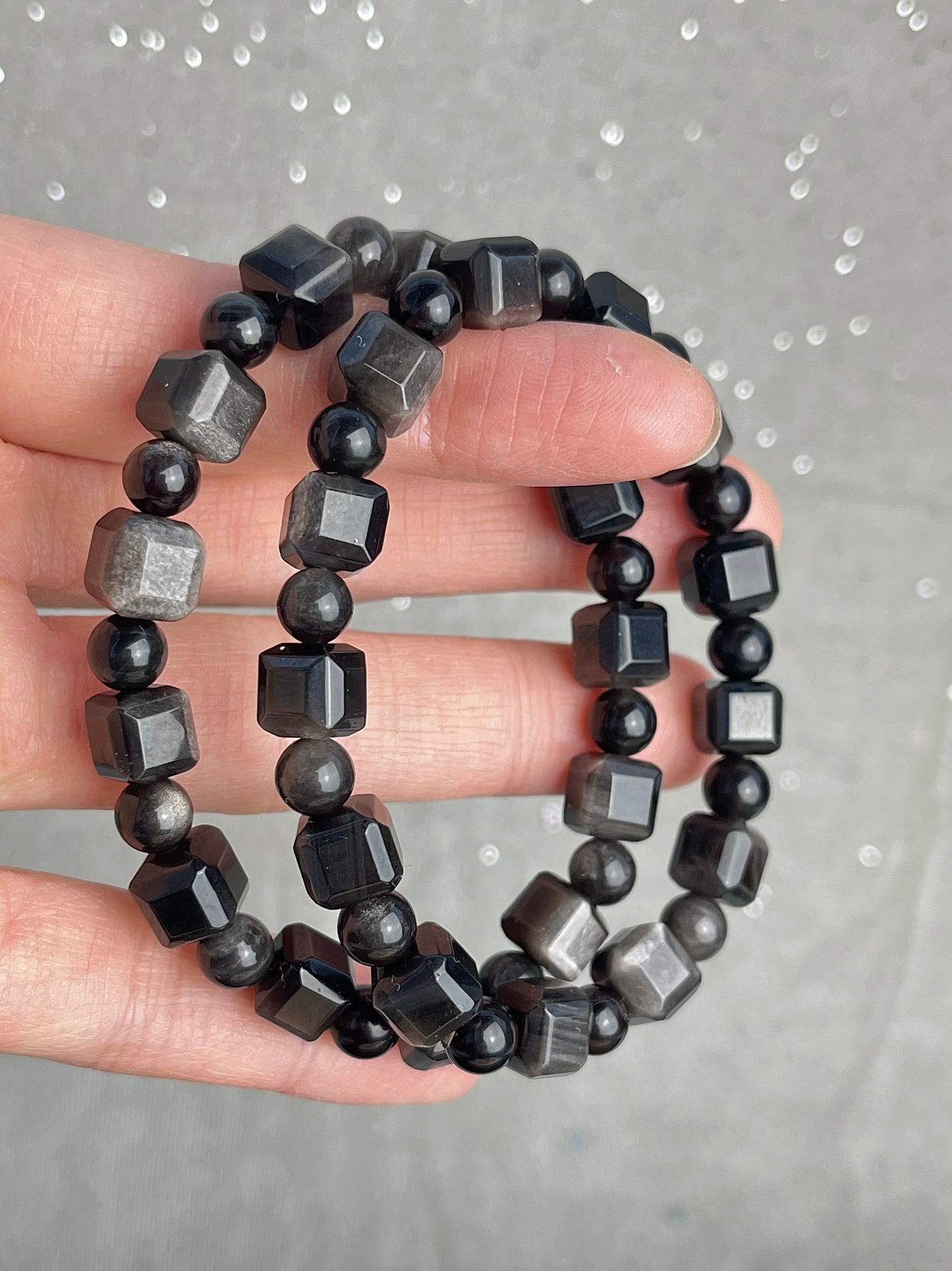 Sølv Obsidian armbånd 9mm+