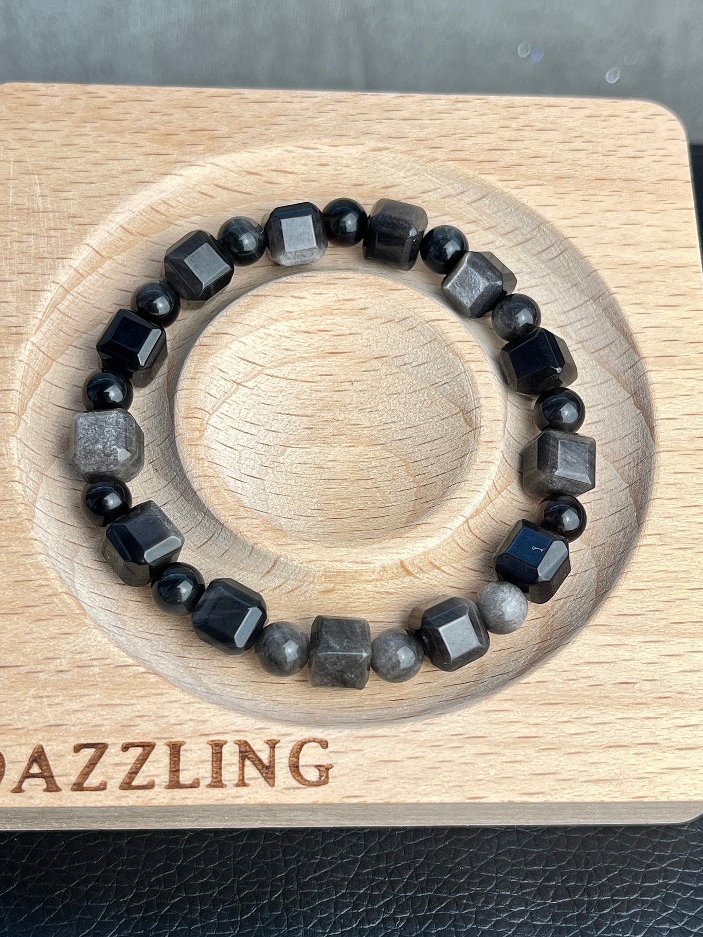 Sølv Obsidian armbånd 9mm+