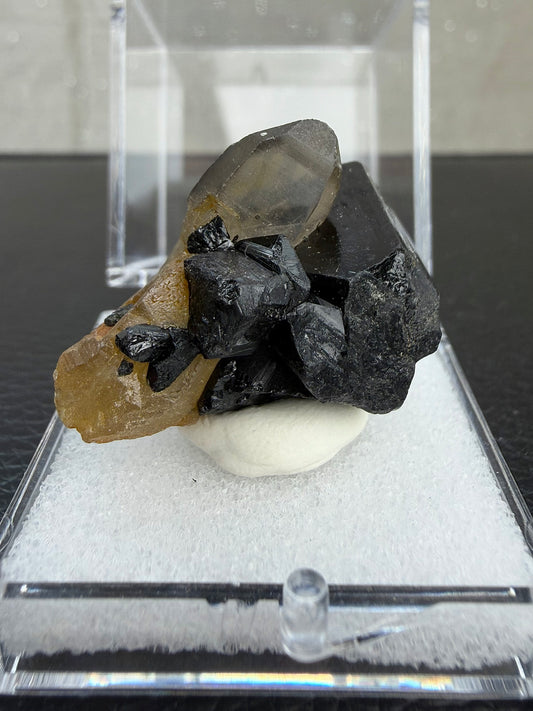 Black tourmaline with smoky quartz in a box, Namibia